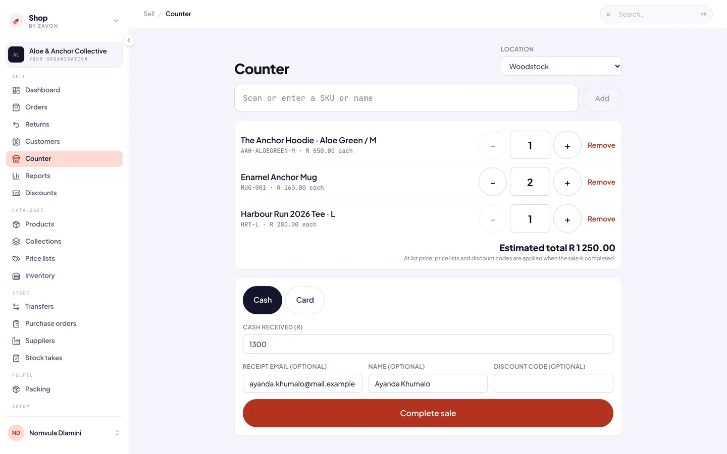 The Zavon platform's point of sale ringing up an order, with fictional data